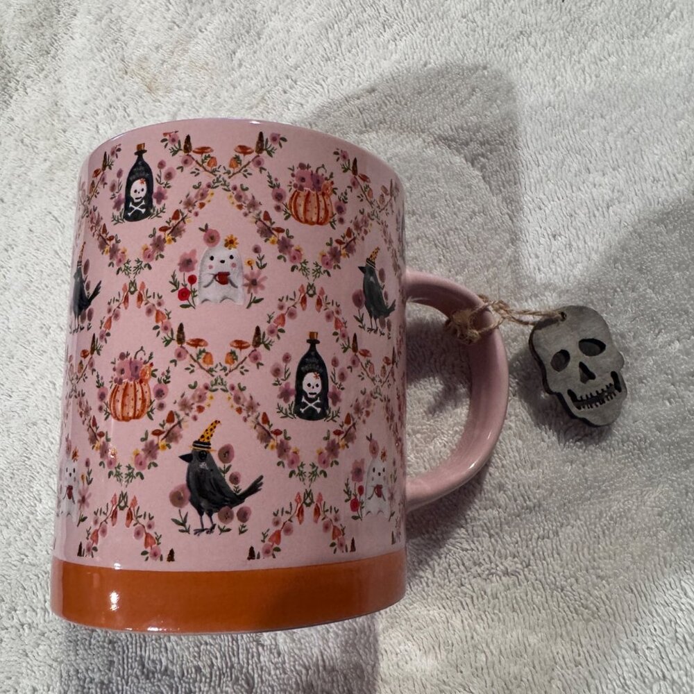 Pink Ceramic Halloween Mug With Floral & Spooky Prints Skull Charm Prima Design